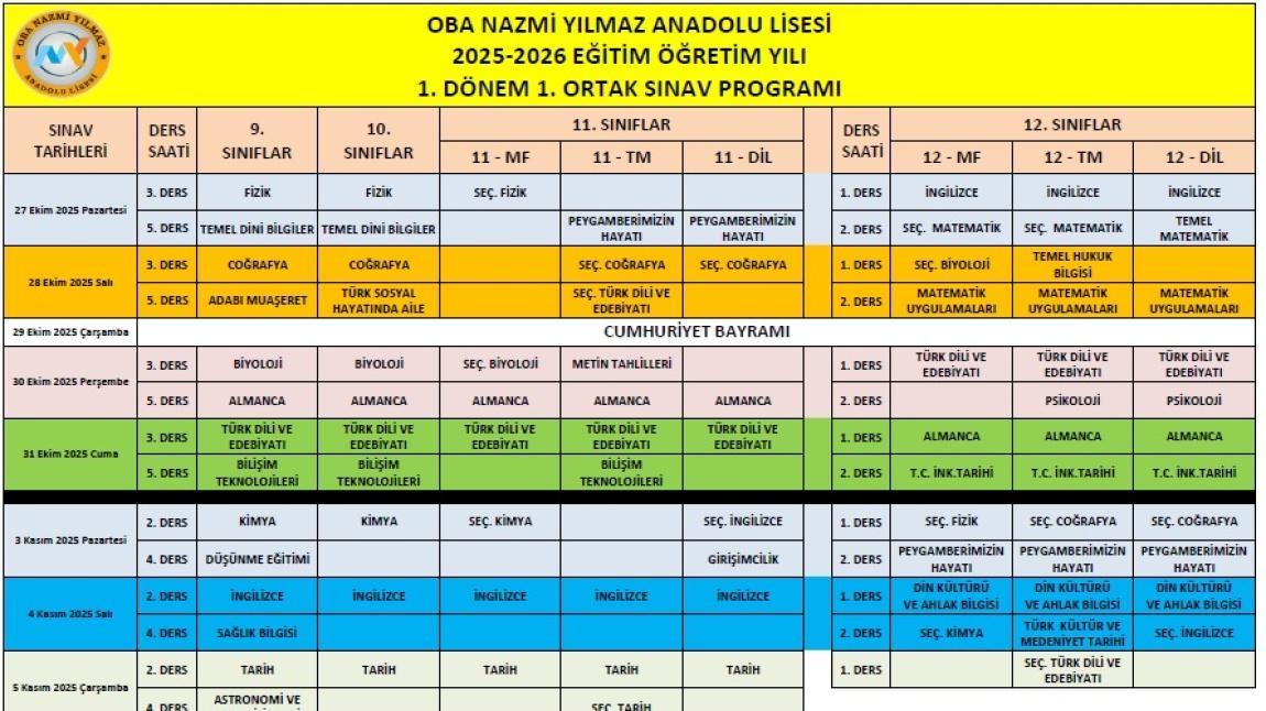 1. Dönem 1.Ortak Sınav Programı Yayınlandı